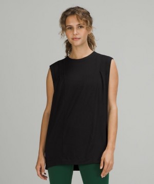 Lululemon Modal Pleated Shoulder Tank Top Blast Dam Svarta | UESN-21805