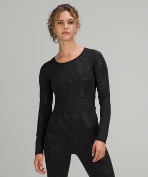 Lululemon Wunder Train Cropped Long Sleeve Shirt Foil Blast Dam Svarta | KZTW-81654