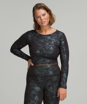 Lululemon Wunder Train Cropped Long Sleeve Shirt Foil Blast Dam Svarta | ZVDK-02374