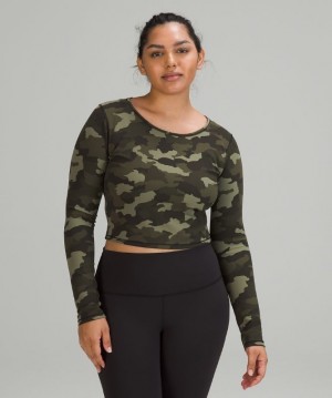 Lululemon Wunder Train Cropped Long Sleeve Shirt Blast Dam Camo Olivgröna Olika Färger | GVKJ-20574