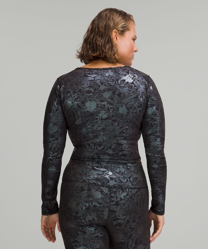Lululemon Wunder Train Cropped Long Sleeve Shirt Foil Blast Dam Svarta | ZVDK-02374